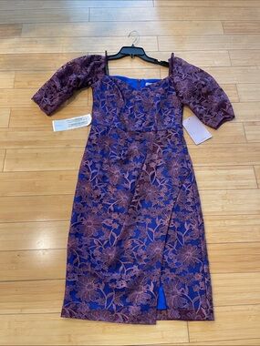 Women NWT JS Collection Purple Lace Floral Off-Shoulder over Blue Midi Dress 6